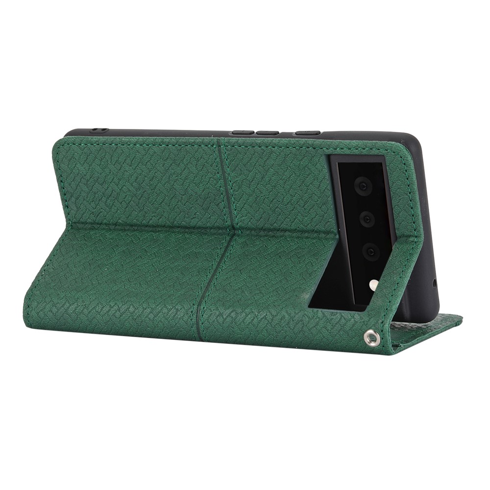 Magnetic Absorption Woven Texture Wallet Wrist Strap Leather Cover Case with Stand for Google Pixel 6 Pro - Green-6