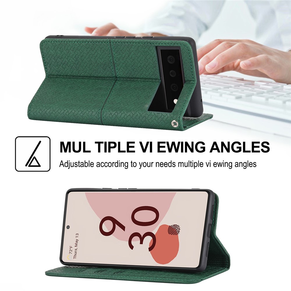 Magnetic Absorption Woven Texture Wallet Wrist Strap Leather Cover Case with Stand for Google Pixel 6 Pro - Green-7