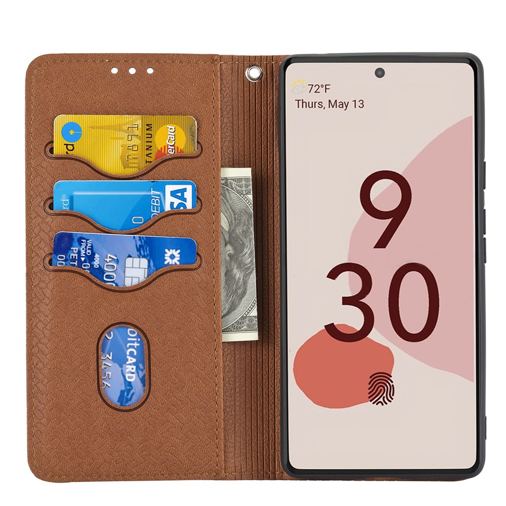 Wallet Design Magnetic Absorption Woven Texture Wrist Strap Leather Cover Case with Stand for Google Pixel 6 - Brown-4