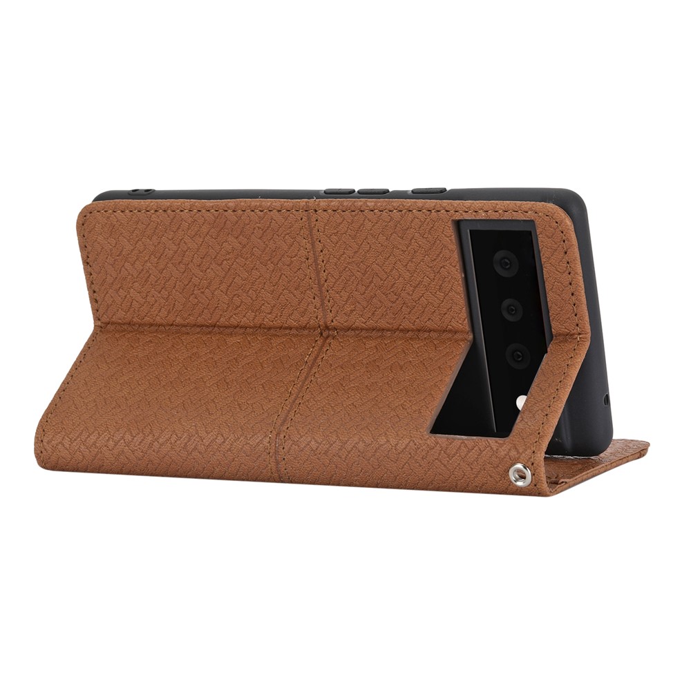 Wallet Design Magnetic Absorption Woven Texture Wrist Strap Leather Cover Case with Stand for Google Pixel 6 - Brown-6