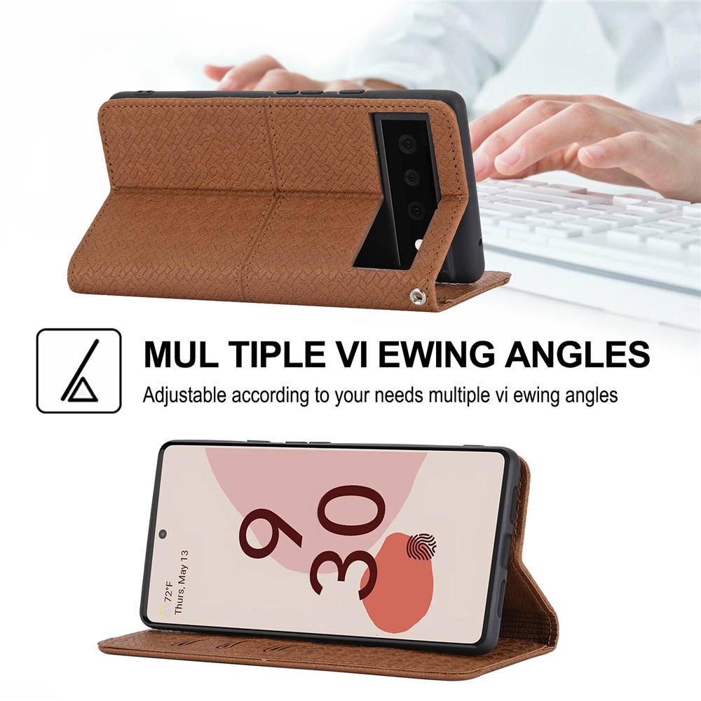 Wallet Design Magnetic Absorption Woven Texture Wrist Strap Leather Cover Case with Stand for Google Pixel 6 - Brown-7