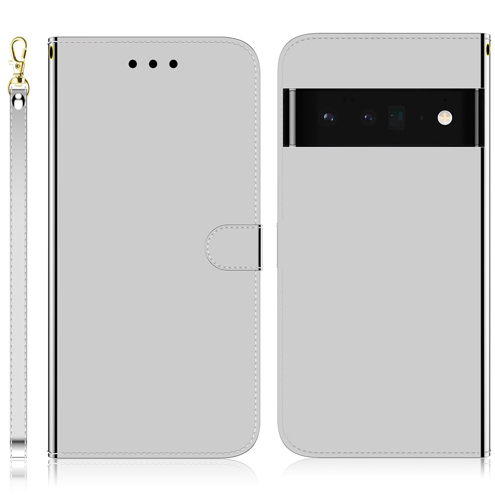 For Google Pixel 6 Pro Mirror-like Surface PU Leather Flip Shell Wallet Stand Phone Cover Shell with Strap - Silver-1