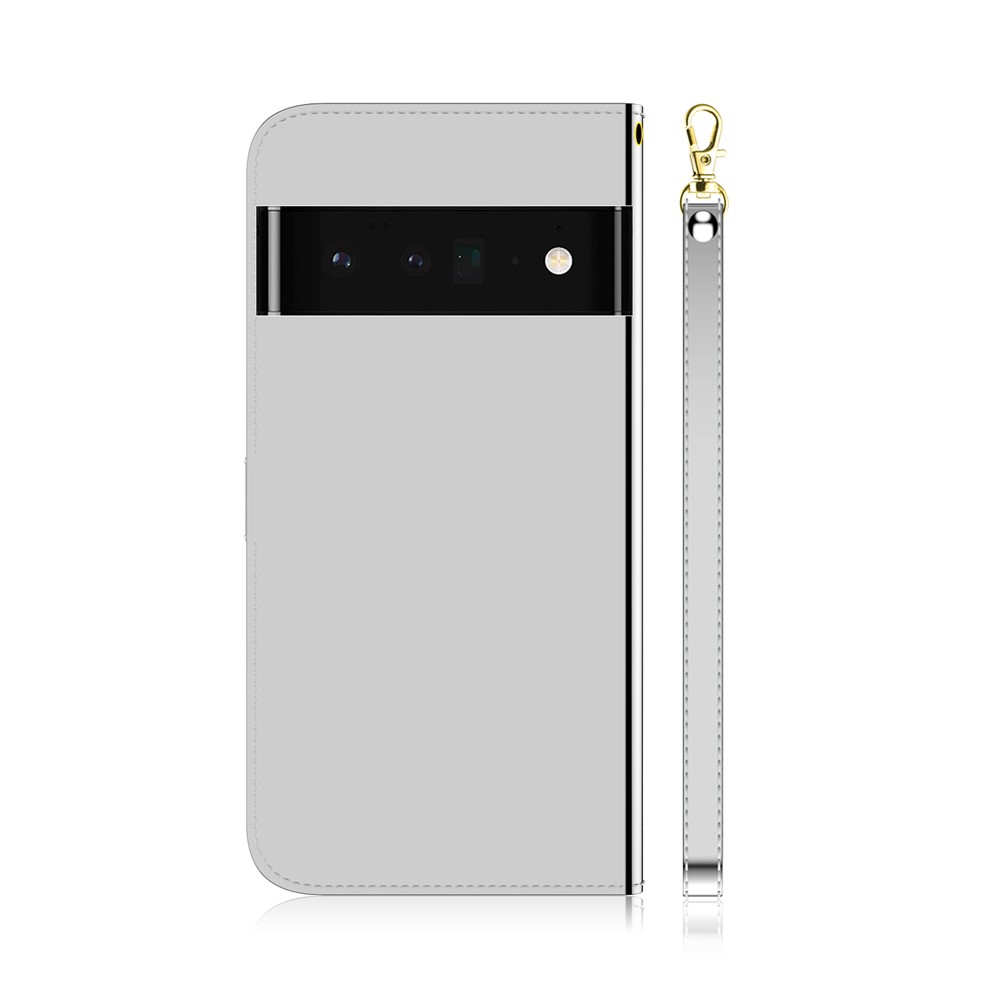 For Google Pixel 6 Pro Mirror-like Surface PU Leather Flip Shell Wallet Stand Phone Cover Shell with Strap - Silver-3