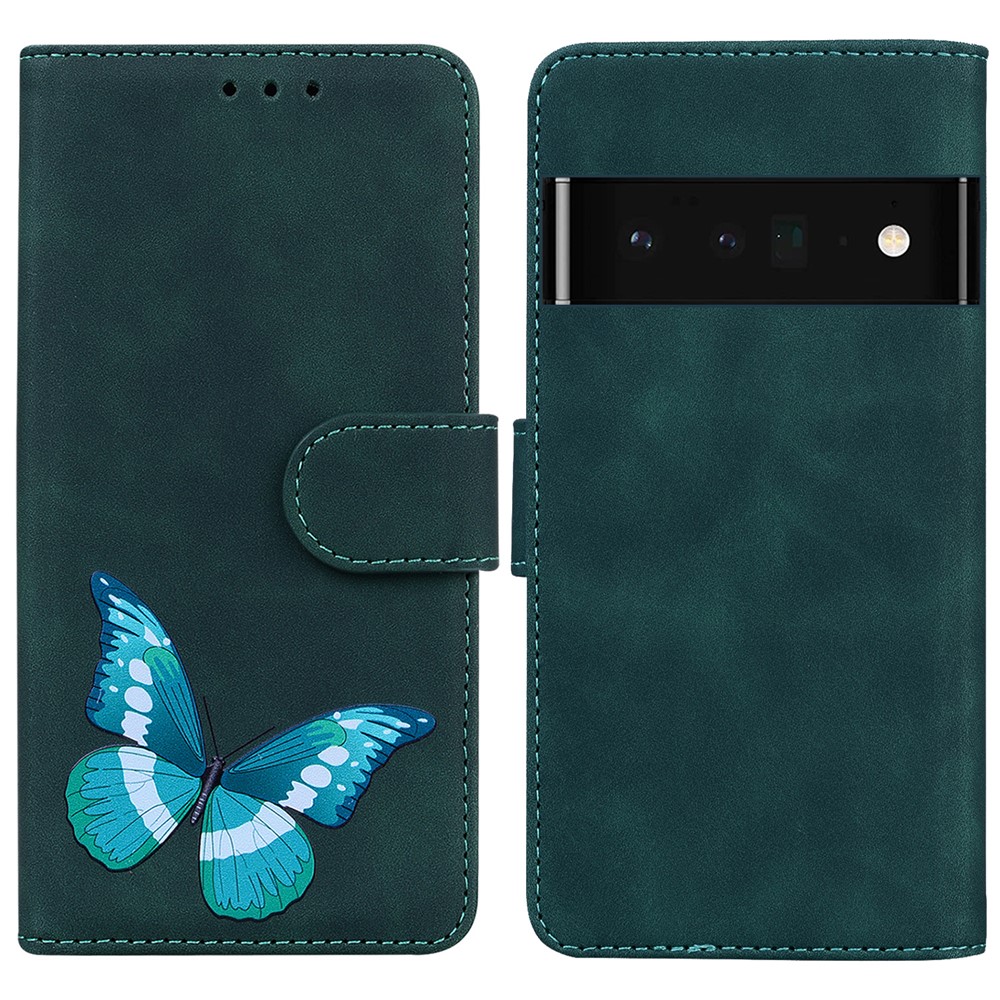 Skin-touch Feeling Butterfly Printing Wallet Stand Full Protection Leather Case Shell for Google Pixel 6 Pro - Green-1