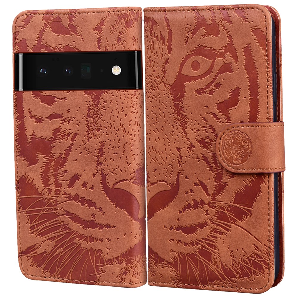 Tiger Imprinted PU Leather Phone Flip Case Cover with Wallet Stand for Google Pixel 6 Pro - Brown-1