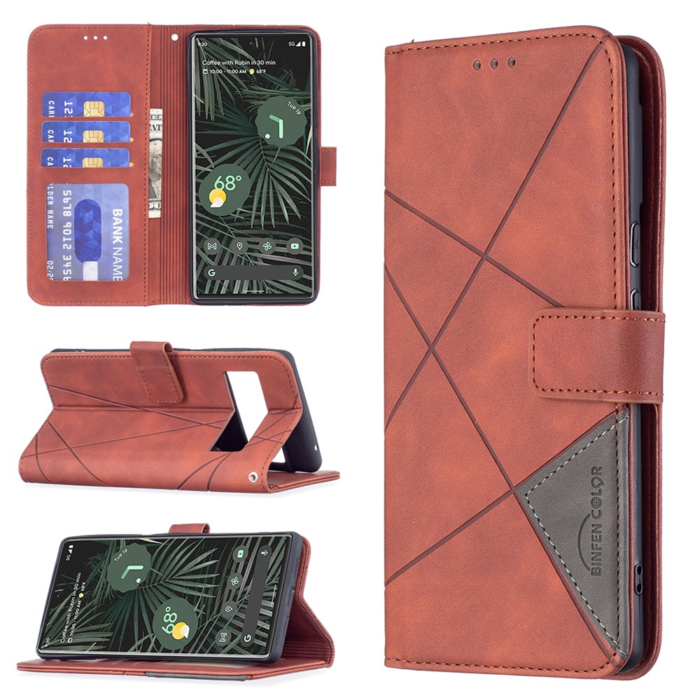 BINFEN COLOR BF05 Anti-fall Shell Geometric Imprinted Flip PU Leather Case Wallet Cover with Stand for Google Pixel 6 Pro - Brown-8