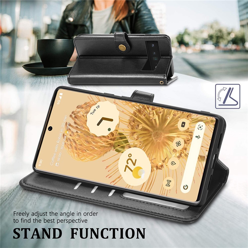 PU Leather Wallet Case Flip Stand Magnetic Round Buckle Protective Cover with Strap for Google Pixel 6 Pro - Black-2