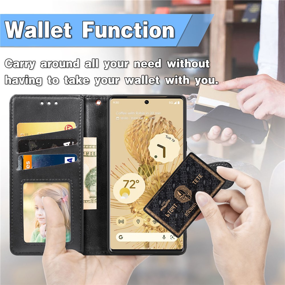 PU Leather Wallet Case Flip Stand Magnetic Round Buckle Protective Cover with Strap for Google Pixel 6 Pro - Black-3
