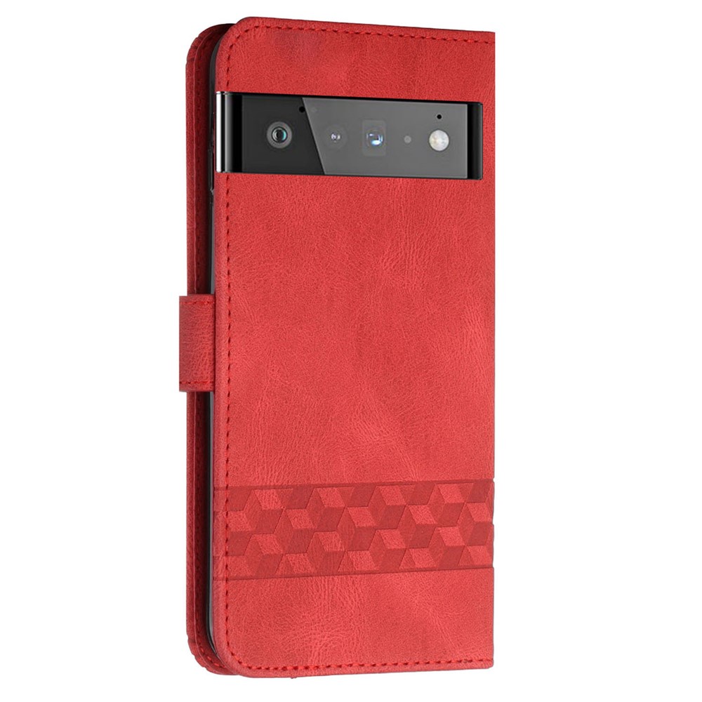 YX 0010 For Google Pixel 6 Pro Flip Smart Phone Case Stand Wallet Feature Shockproof Rhombus and Lines Imprinting Skin-touch Feel PU Leather Protective Phone Shell - Red-3