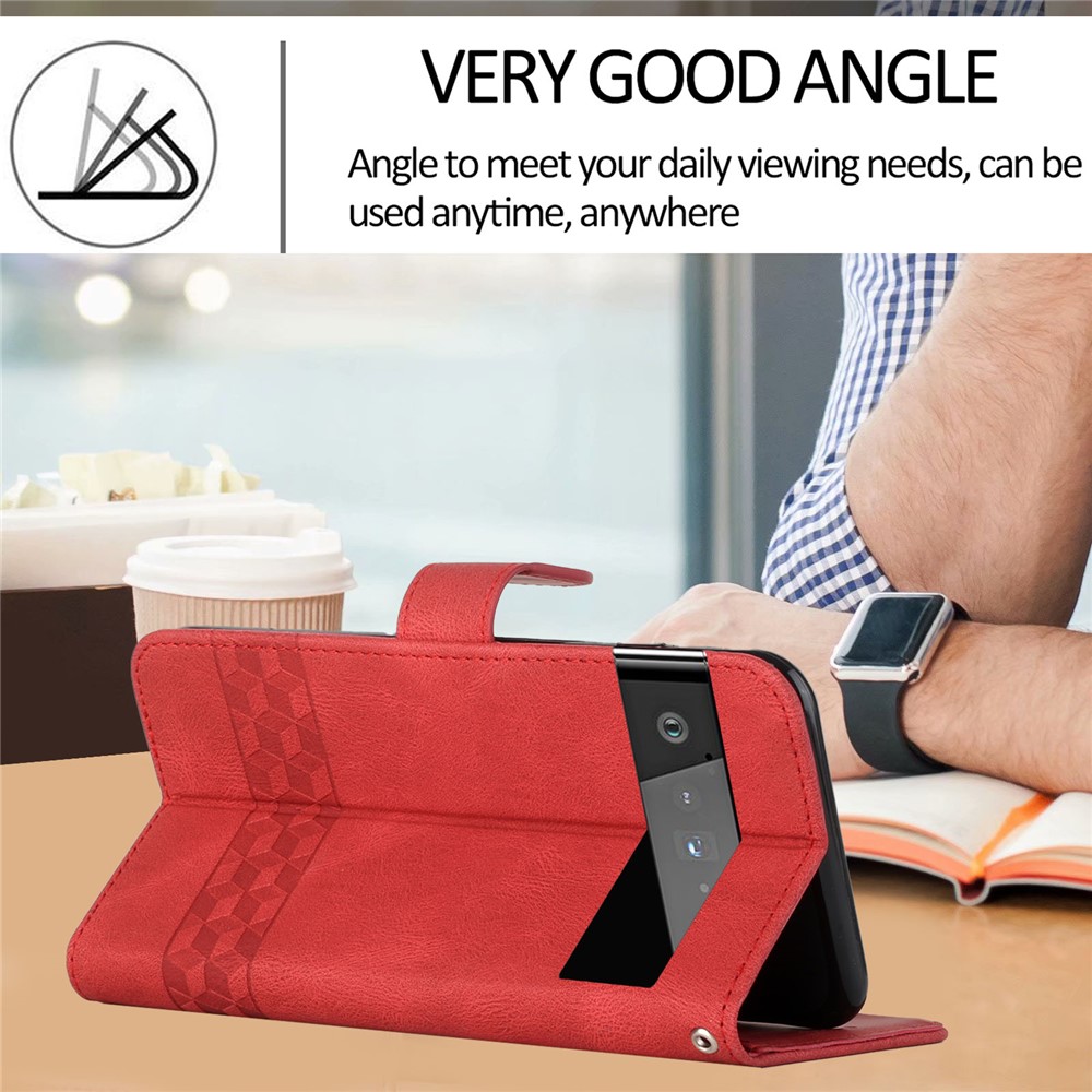 YX 0010 For Google Pixel 6 Pro Flip Smart Phone Case Stand Wallet Feature Shockproof Rhombus and Lines Imprinting Skin-touch Feel PU Leather Protective Phone Shell - Red-5