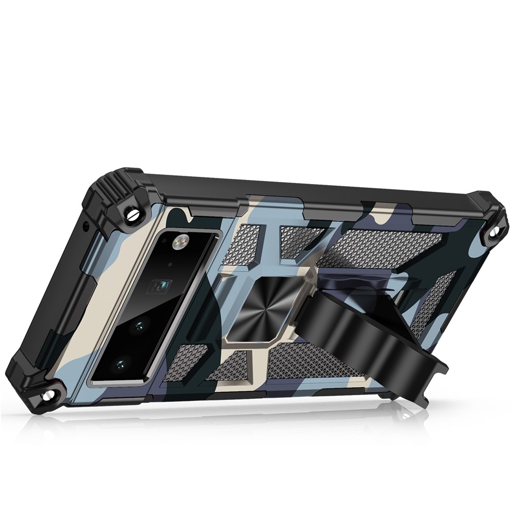 Camouflage Design PC + TPU Anti-fall Phone Case Kickstand Protective Cover Built-in Metal Sheet for Google Pixel 6 Pro - Light Green-6