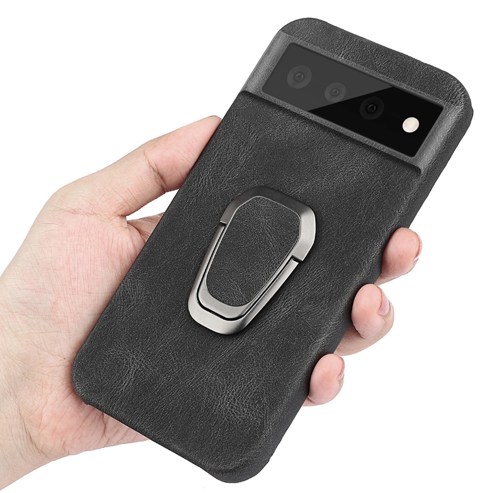 PU Leather Coated TPU Anti-fall Phone Cover Case with Rotary Ring Holder Kickstand for Google Pixel 6 Pro - Black-5