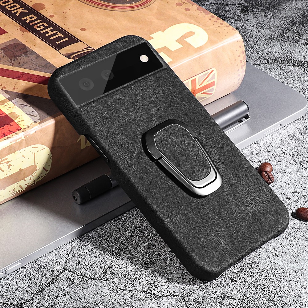 PU Leather Coated TPU Anti-fall Phone Cover Case with Rotary Ring Holder Kickstand for Google Pixel 6 Pro - Black-6