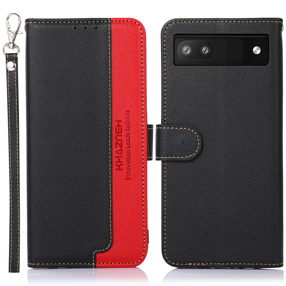 KHAZNEH RFID Blocking Litchi Texture PU Leather Case Wallet Phone Stand Case with Anti-lost Lanyard for Google Pixel 6a - Black-1