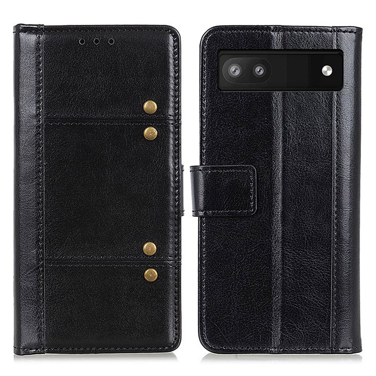 Rivet Decor Crazy Horse Texture PU Leather Wallet Protective Cover Supporting Stand Phone Case for Google Pixel 6a - Black-1