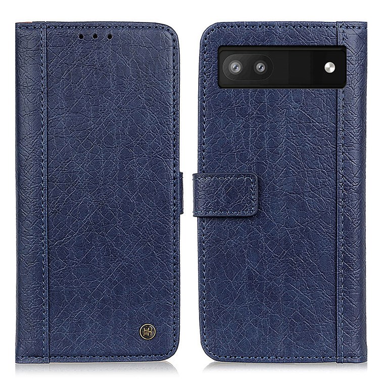 KHAZNEH Rhino Texture Split Leather Magnetic Flip Cover Foldable Stand Wallet Protective Phone Case for Google Pixel 6a - Blue-1