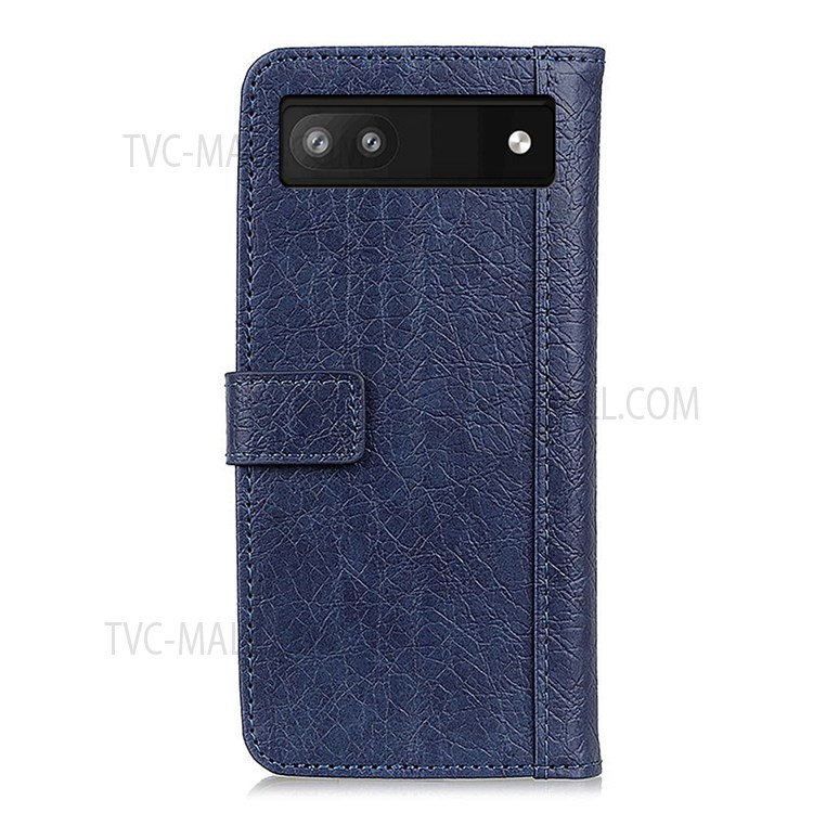 KHAZNEH Rhino Texture Split Leather Magnetic Flip Cover Foldable Stand Wallet Protective Phone Case for Google Pixel 6a - Blue-3