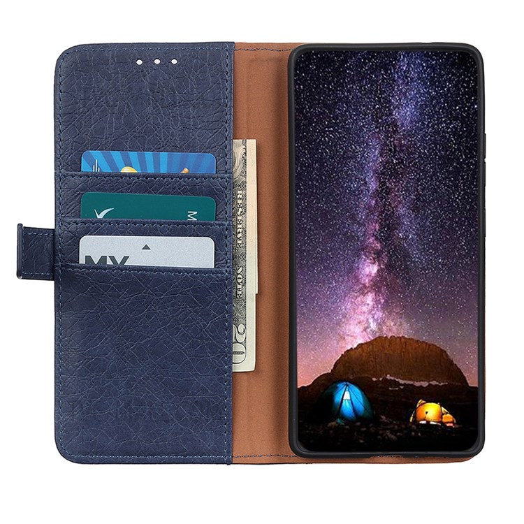 KHAZNEH Rhino Texture Split Leather Magnetic Flip Cover Foldable Stand Wallet Protective Phone Case for Google Pixel 6a - Blue-5