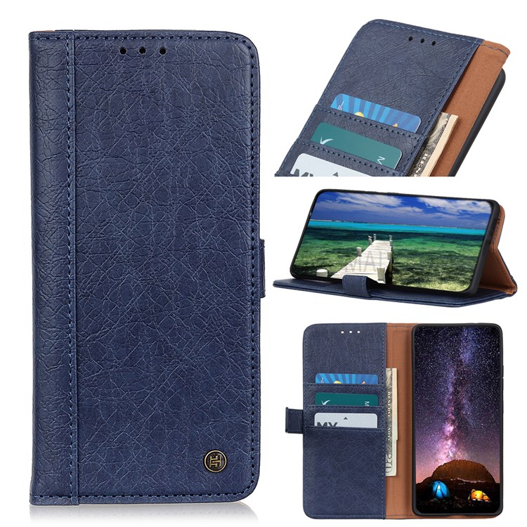 KHAZNEH Rhino Texture Split Leather Magnetic Flip Cover Foldable Stand Wallet Protective Phone Case for Google Pixel 6a - Blue-8