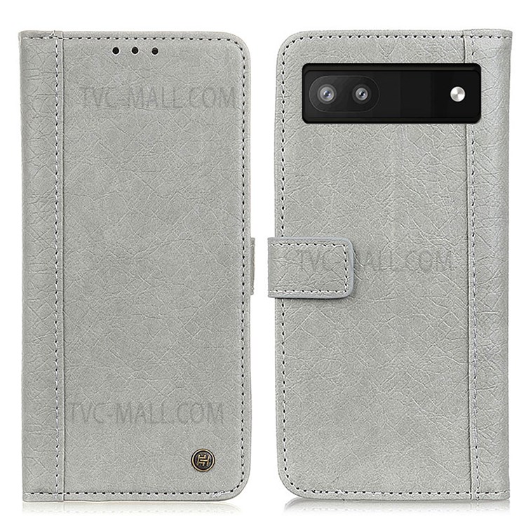 KHAZNEH Rhino Texture Split Leather Magnetic Flip Cover Foldable Stand Wallet Protective Phone Case for Google Pixel 6a - Grey-1