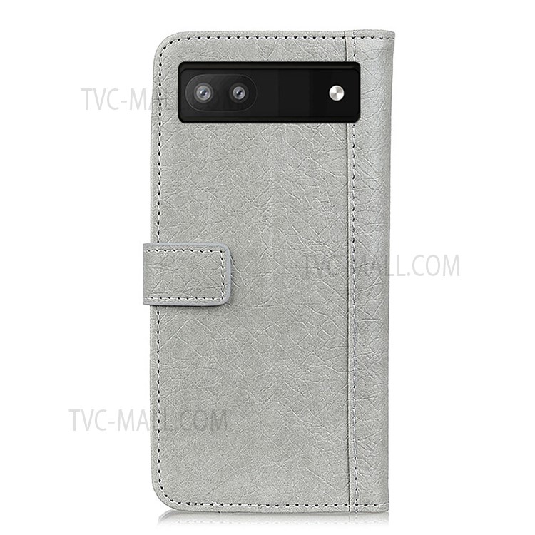 KHAZNEH Rhino Texture Split Leather Magnetic Flip Cover Foldable Stand Wallet Protective Phone Case for Google Pixel 6a - Grey-3