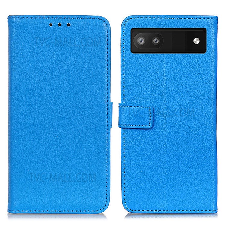 Litchi Texture Magnetic Closure Cover Anti-fall Protective PU Leather + TPU Stand Wallet Phone Case for Google Pixel 6a - Blue-1
