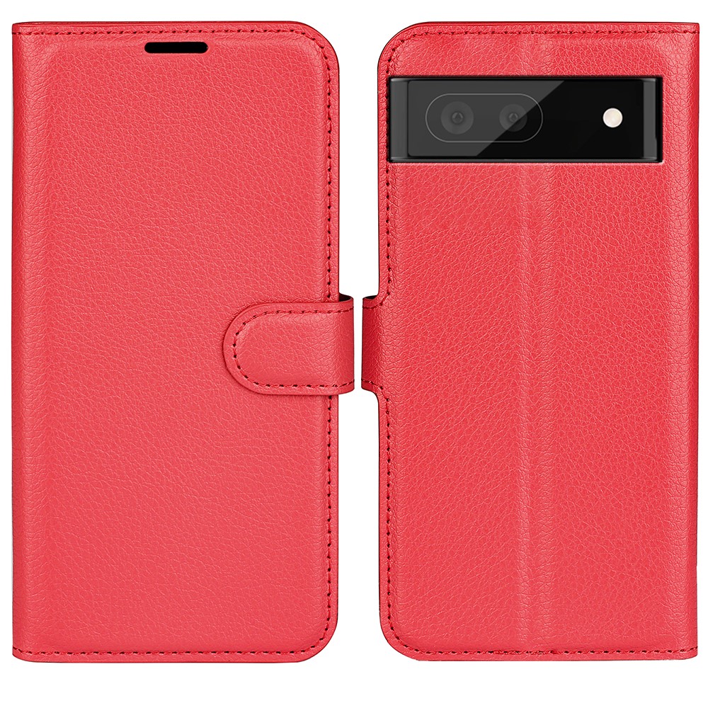 Fully Wrapped PU Leather Coated TPU Mobile Phone Case Litchi Texture Stand Wallet Flip Protective Phone Cover for Google Pixel 6a - Red-1
