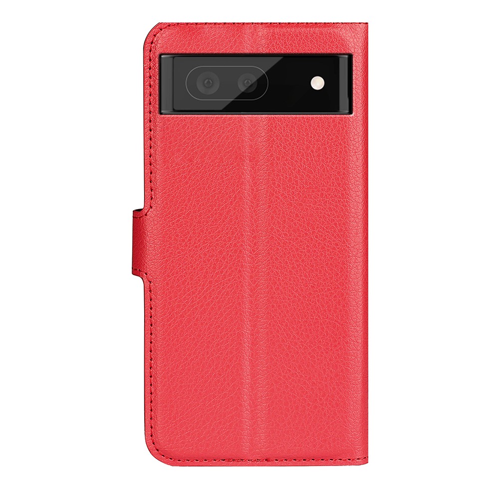 Fully Wrapped PU Leather Coated TPU Mobile Phone Case Litchi Texture Stand Wallet Flip Protective Phone Cover for Google Pixel 6a - Red-3