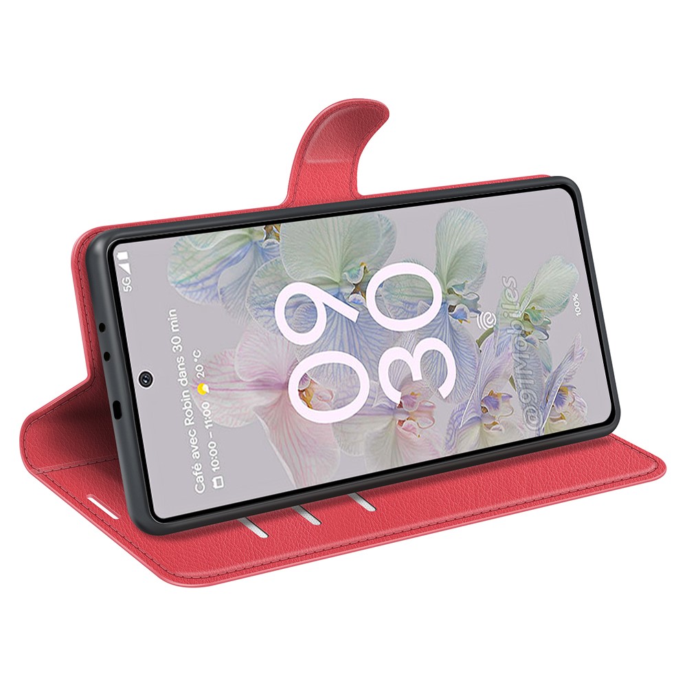 Fully Wrapped PU Leather Coated TPU Mobile Phone Case Litchi Texture Stand Wallet Flip Protective Phone Cover for Google Pixel 6a - Red-4