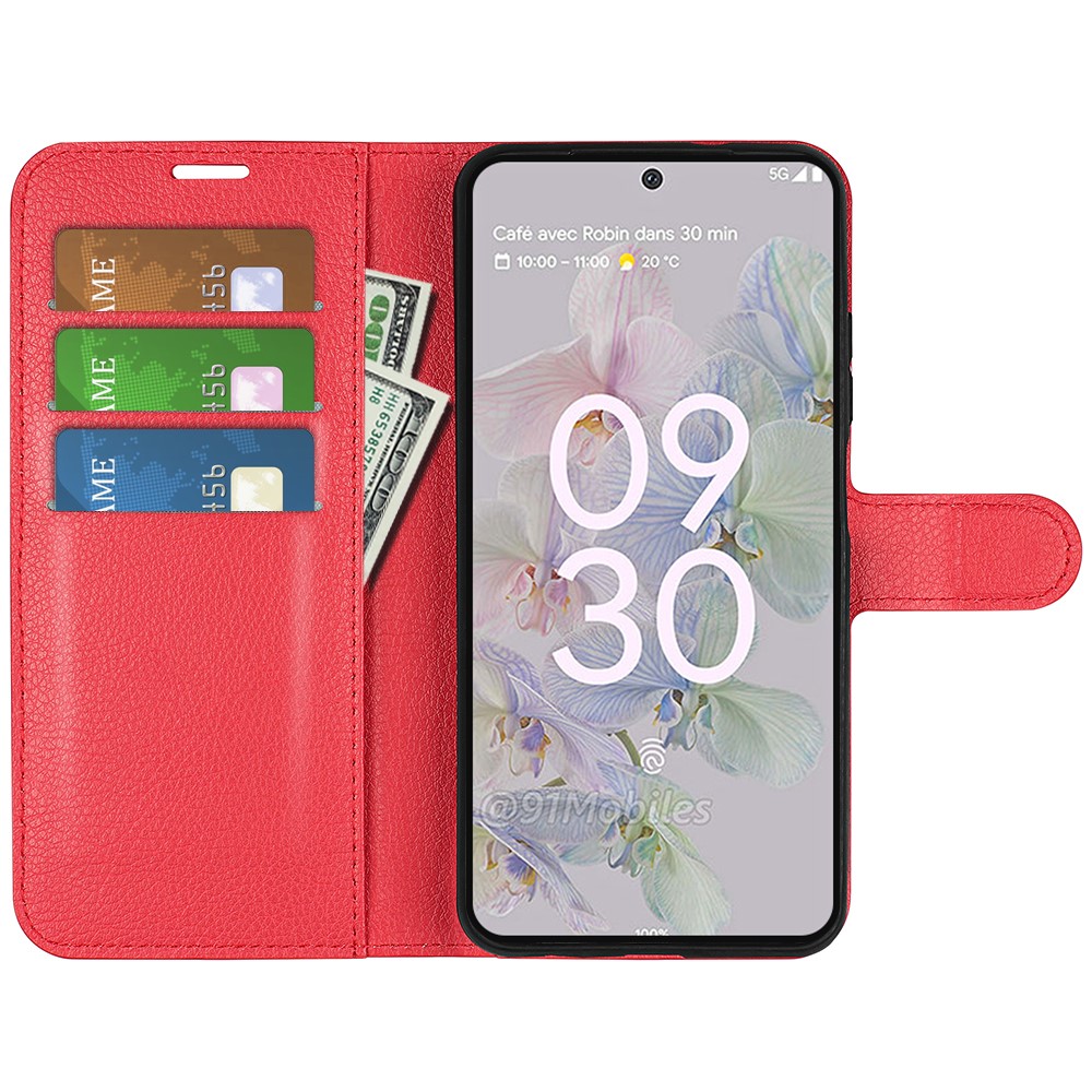 Fully Wrapped PU Leather Coated TPU Mobile Phone Case Litchi Texture Stand Wallet Flip Protective Phone Cover for Google Pixel 6a - Red-6