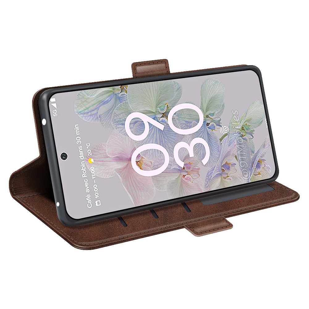Side Magnetic Double Clasps Stand Wallet Design PU Leather Case Phone Cover for Google Pixel 6a - Brown-3