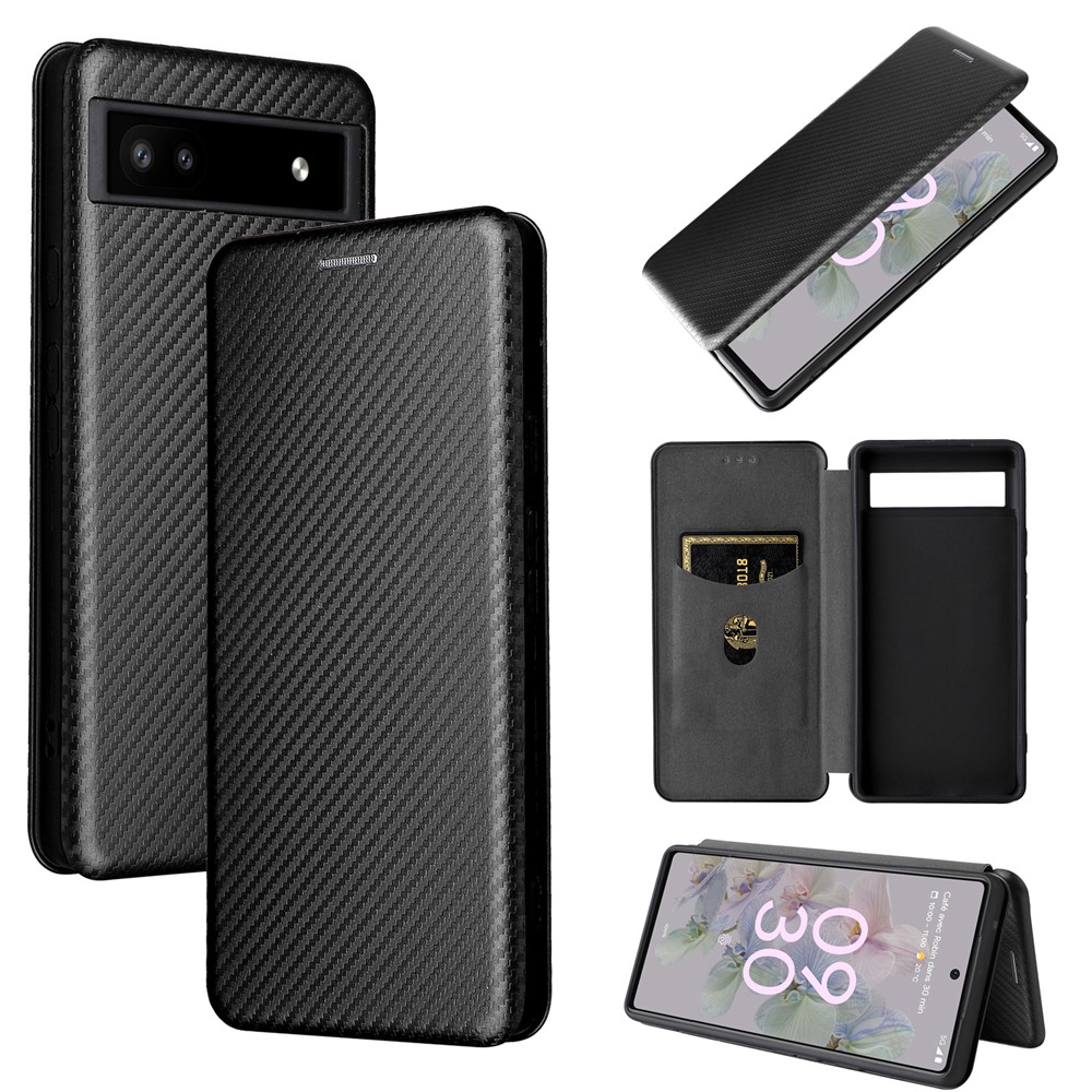 Carbon Fiber Texture Magnetic Auto-absorbed Leather Phone Case Protective Cover with Stand and Card Slot for Google Pixel 6a - Black-11