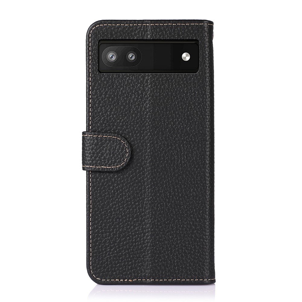 KHAZNEH Litchi Texture Genuine Leather Cover Folio Flip Phone Case with Stand Wallet for Google Pixel 6a - Black-3
