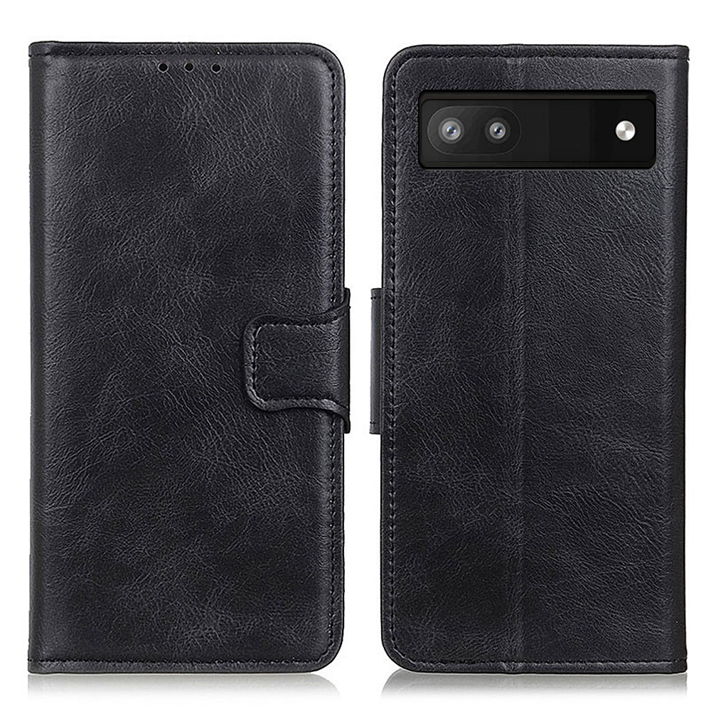 PU Leather Wallet Stand Case Crazy Horse Texture Shockproof Phone Cover Shell for Google Pixel 6a - Black-1