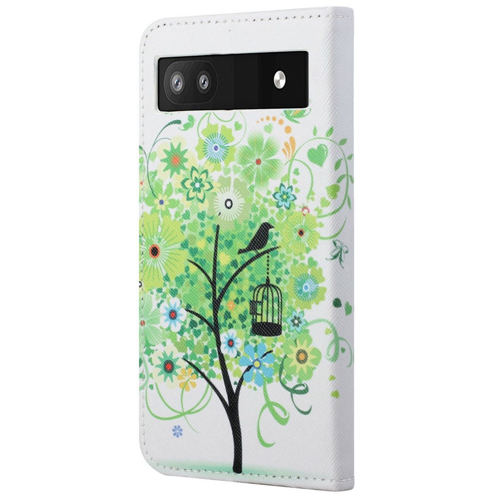 Magnetic Closed Folding Phone Case Cross Texture PU Leather Protective Cover with Wallet for Google Pixel 6a - Green Tree-3