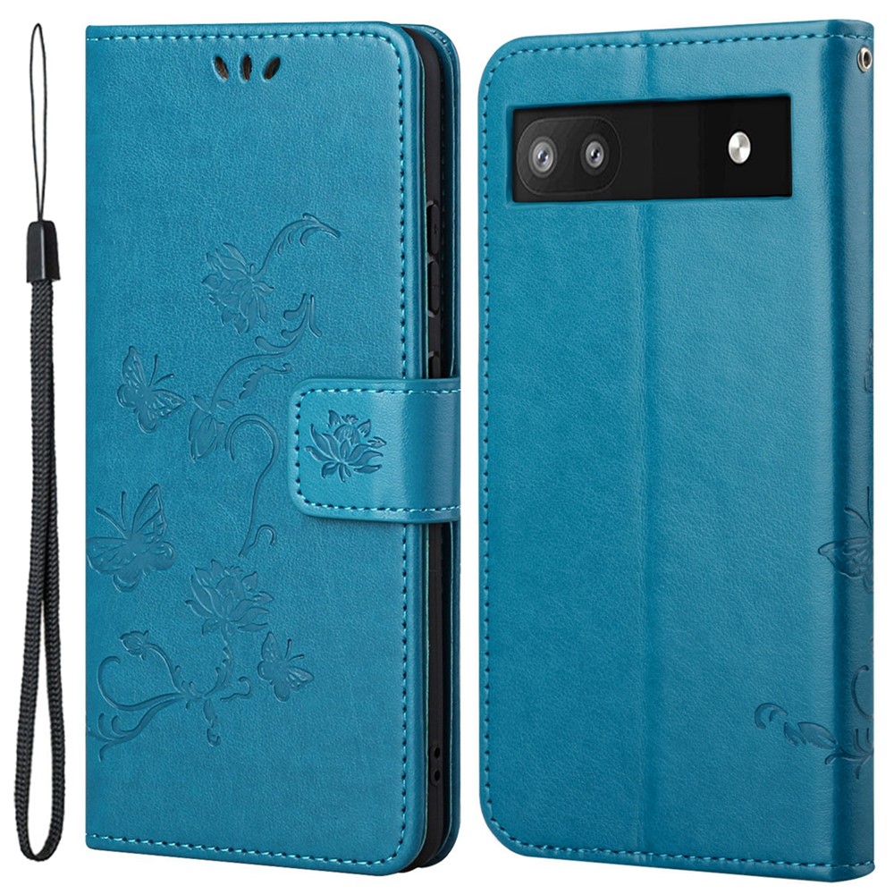 Anti-fall PU Leather Protective Phone Cover Imprinted Butterflies Flower Phone Case with Wallet Stand for Google Pixel 6a - Blue-1