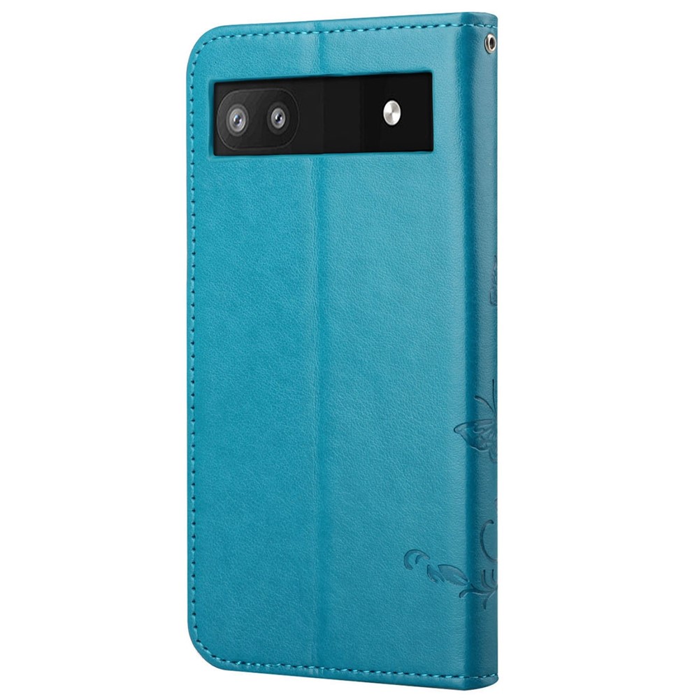 Anti-fall PU Leather Protective Phone Cover Imprinted Butterflies Flower Phone Case with Wallet Stand for Google Pixel 6a - Blue-3