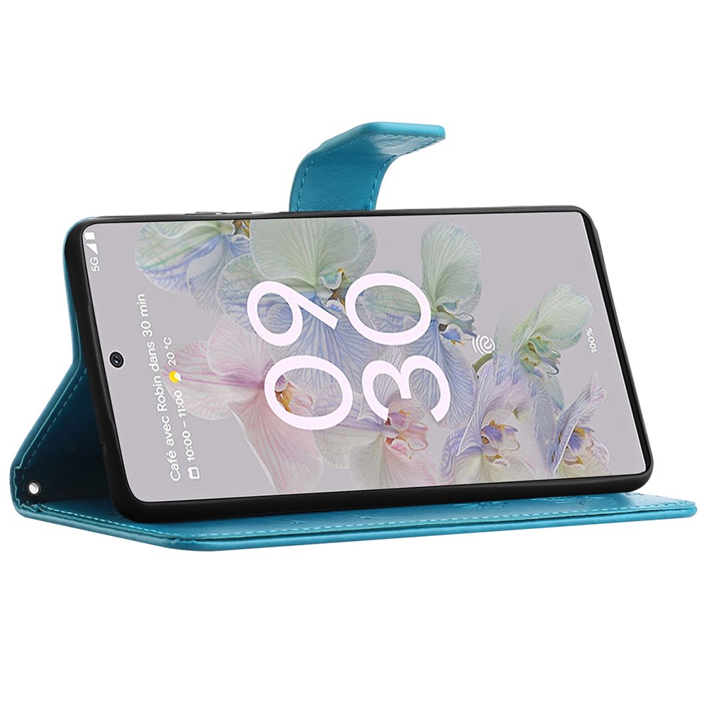 Anti-fall PU Leather Protective Phone Cover Imprinted Butterflies Flower Phone Case with Wallet Stand for Google Pixel 6a - Blue-4
