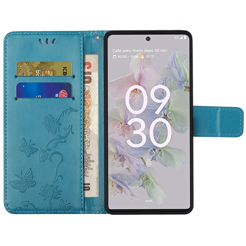 Anti-fall PU Leather Protective Phone Cover Imprinted Butterflies Flower Phone Case with Wallet Stand for Google Pixel 6a - Blue-5