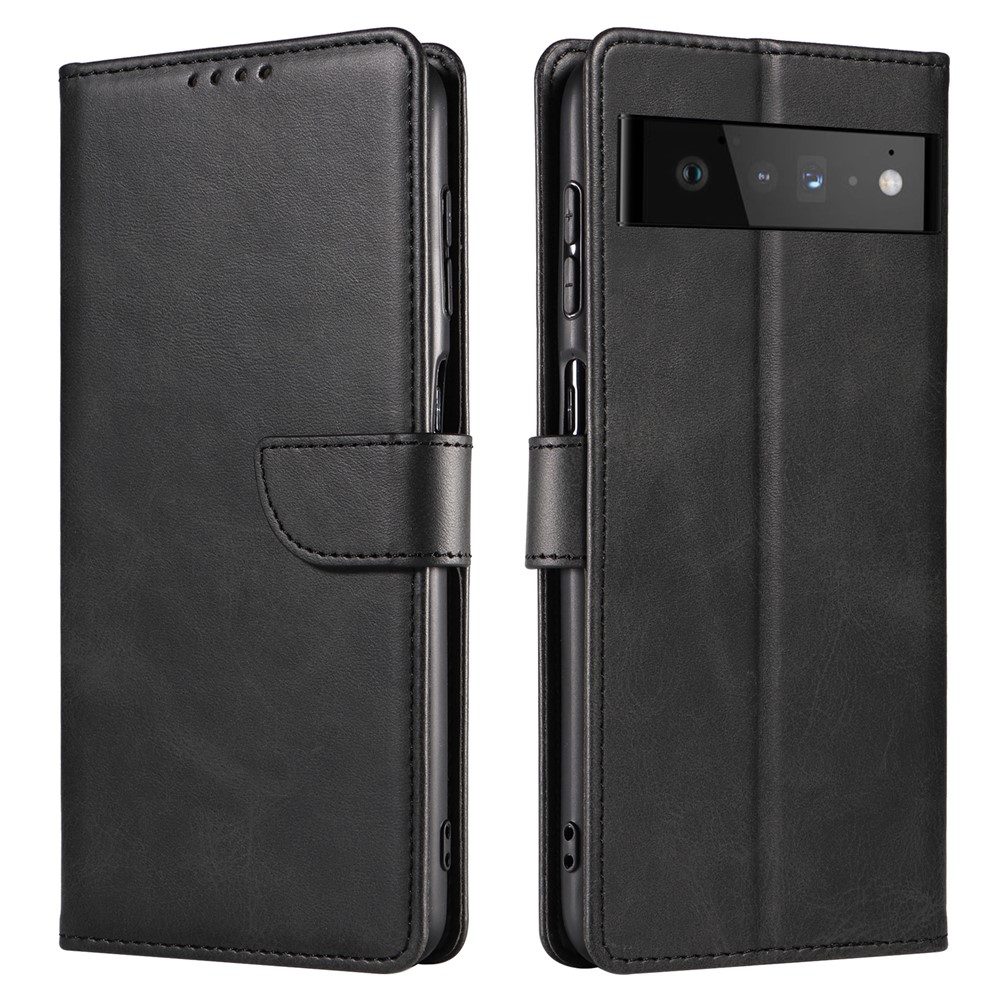 Folio Flip Magnetic Clasp Textured PU Leather + Soft TPU Phone Cover Case for Google Pixel 6 Pro - Black-1