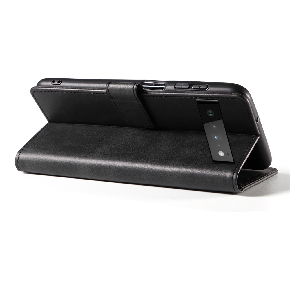 Folio Flip Magnetic Clasp Textured PU Leather + Soft TPU Phone Cover Case for Google Pixel 6 Pro - Black-4