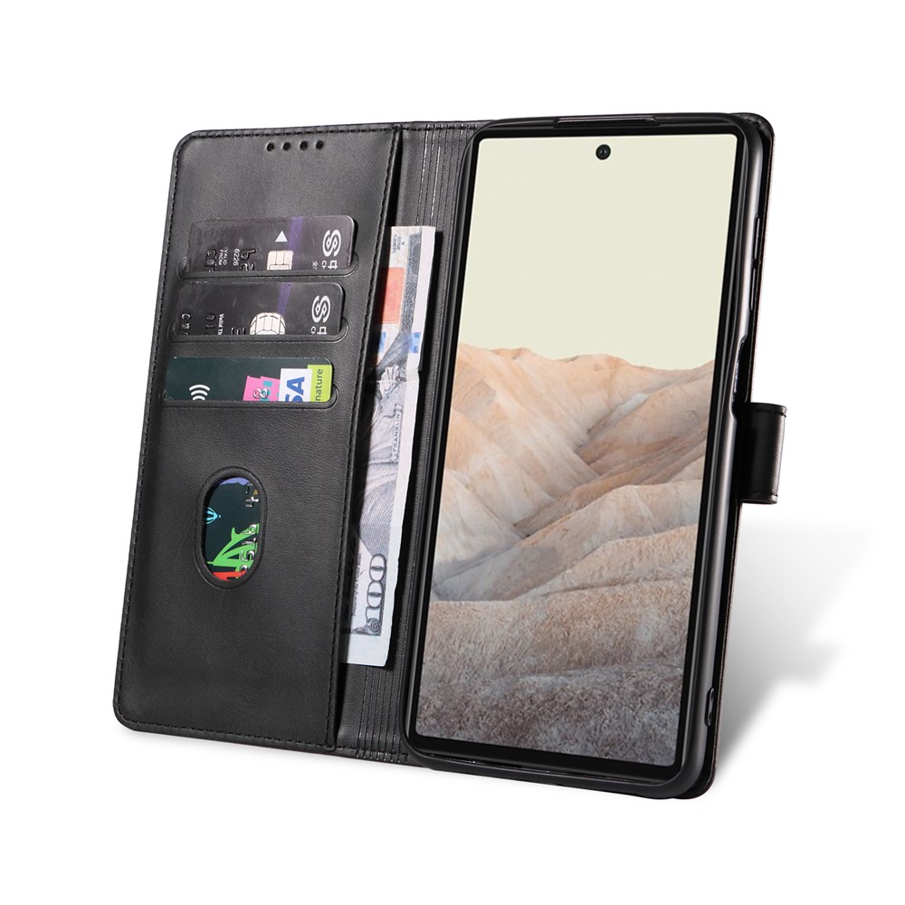 Folio Flip Magnetic Clasp Textured PU Leather + Soft TPU Phone Cover Case for Google Pixel 6 Pro - Black-6