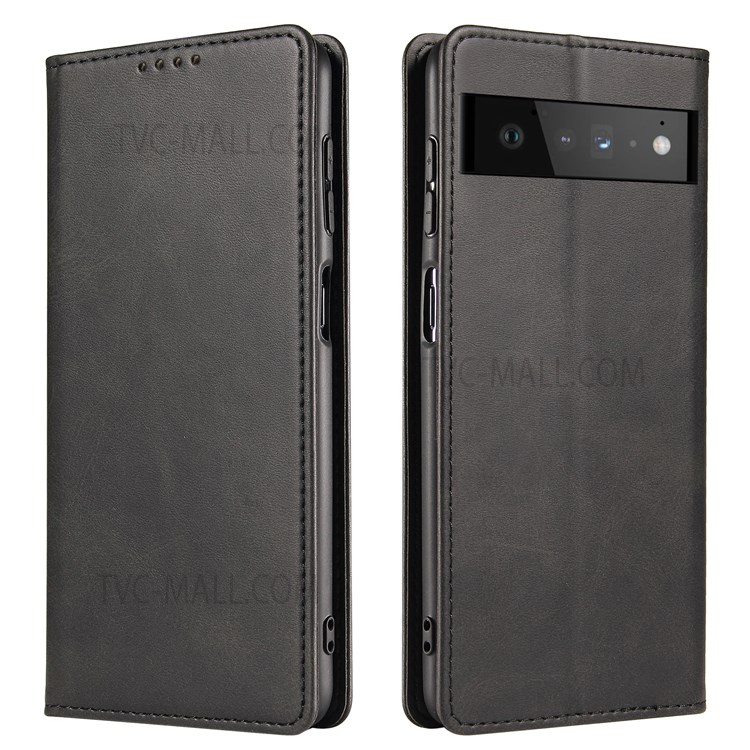 Flip Book Stand PU Leather Case Shockproof TPU Magnetic Adsorption Wallet Phone Cover for Google Pixel 6 - Black-1