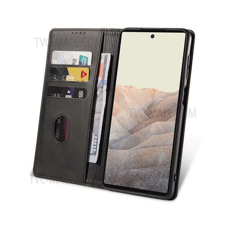 Flip Book Stand PU Leather Case Shockproof TPU Magnetic Adsorption Wallet Phone Cover for Google Pixel 6 - Black-6