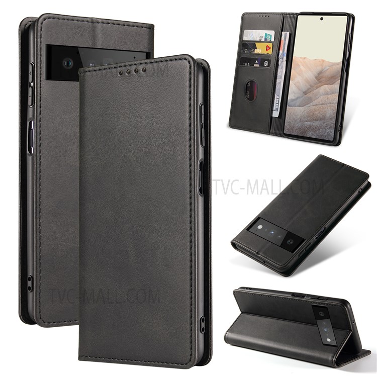 Flip Book Stand PU Leather Case Shockproof TPU Magnetic Adsorption Wallet Phone Cover for Google Pixel 6 - Black-9