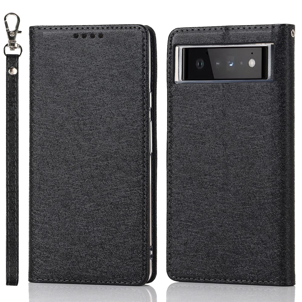 For Google Pixel 6 Anti-scratch Phone Case Anti-fall Shockproof Silk Texture Leather Wallet Cover with Strap - Black-1