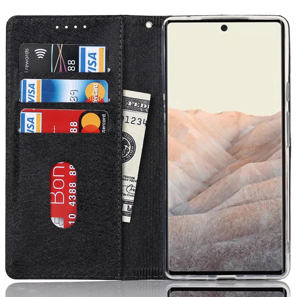 For Google Pixel 6 Anti-scratch Phone Case Anti-fall Shockproof Silk Texture Leather Wallet Cover with Strap - Black-4