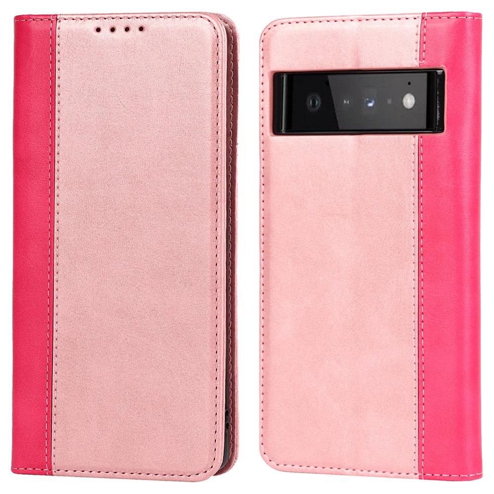 For Google Pixel 6 Auto-absorbed Bi-color Splicing Stylish Anti-scratch Leather Wallet Phone Case with Stand - Rose Gold/Rose-1