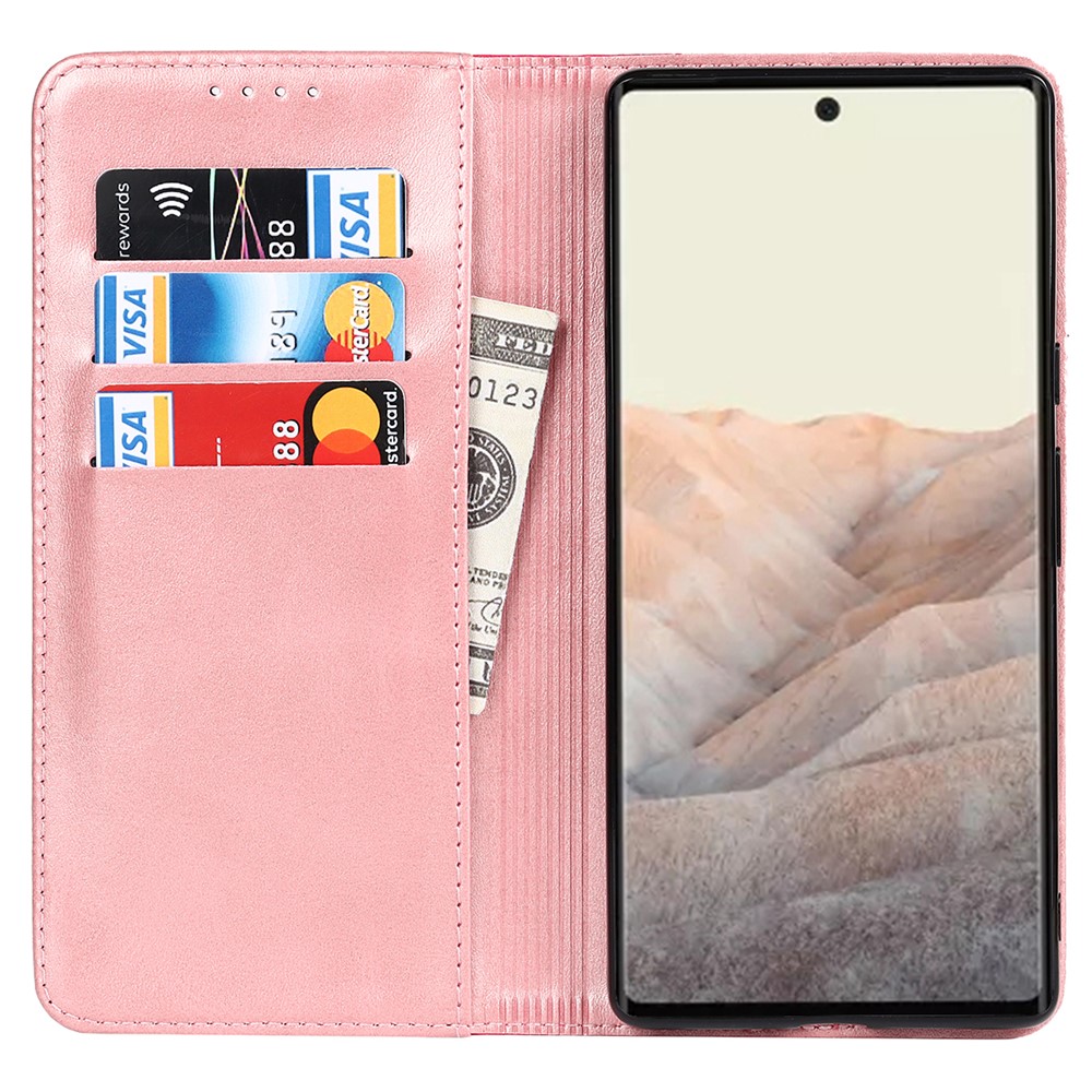 For Google Pixel 6 Auto-absorbed Bi-color Splicing Stylish Anti-scratch Leather Wallet Phone Case with Stand - Rose Gold/Rose-4