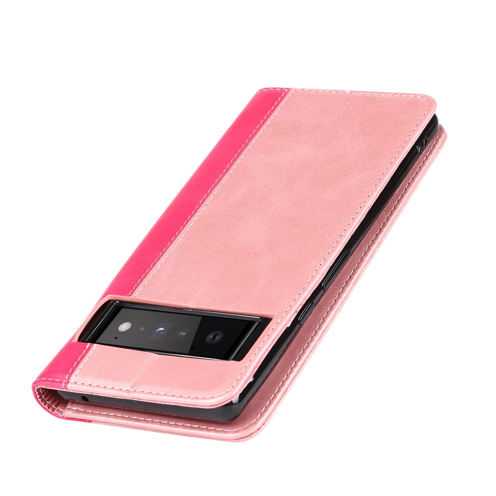 For Google Pixel 6 Auto-absorbed Bi-color Splicing Stylish Anti-scratch Leather Wallet Phone Case with Stand - Rose Gold/Rose-7